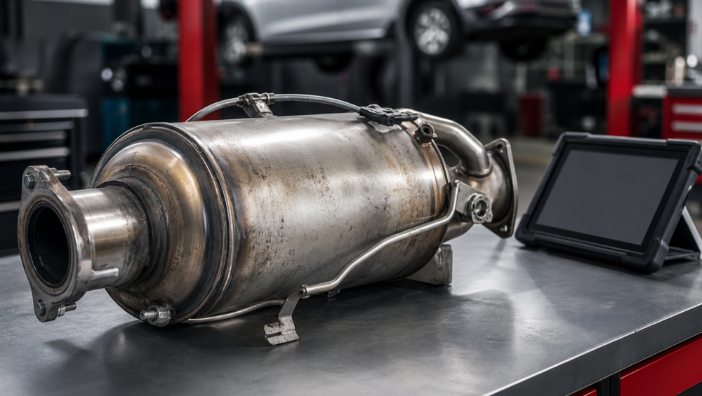 Dieselpartikelfilter auf einer Werkbank zur Diagnose und professionellen DPF-Reinigung