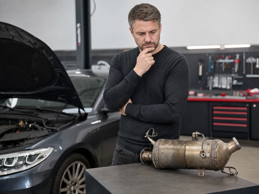 Nachdenklicher Autofahrer mit Dieselpartikelfilter in einer professionellen Werkstatt