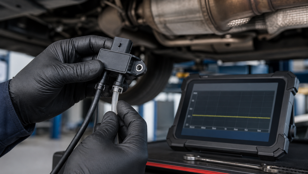 Diagnose eines defekten DPF-Differenzdrucksensors mit Druckleitungen und Messgerät
