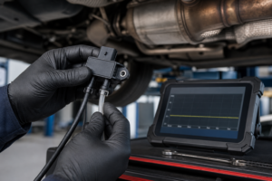 Diagnose eines defekten DPF-Differenzdrucksensors mit Druckleitungen und Messgerät