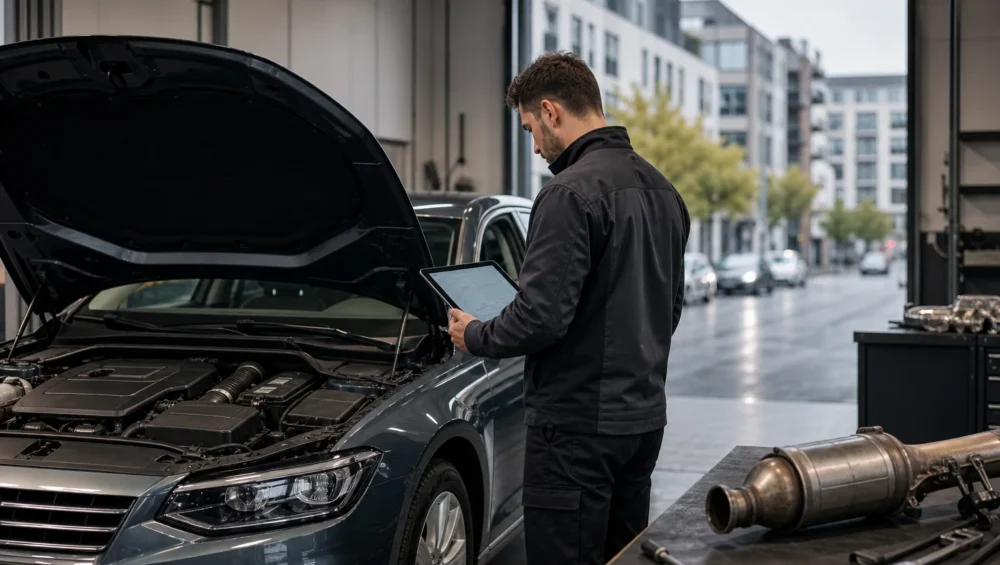 Techniker prüft ein Dieselfahrzeug nach häufigen Kurzstrecken und abgebrochener DPF-Regeneration