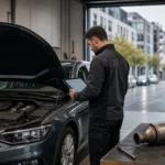 Techniker prüft ein Dieselfahrzeug nach häufigen Kurzstrecken und abgebrochener DPF-Regeneration