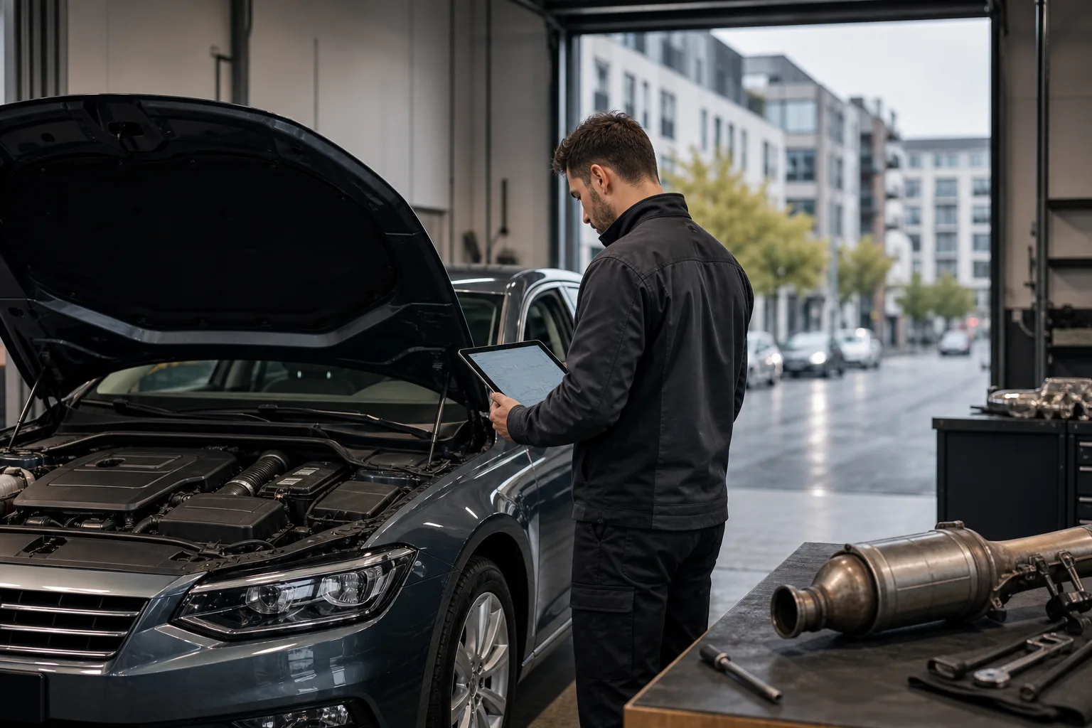 Techniker prüft ein Dieselfahrzeug nach häufigen Kurzstrecken und abgebrochener DPF-Regeneration