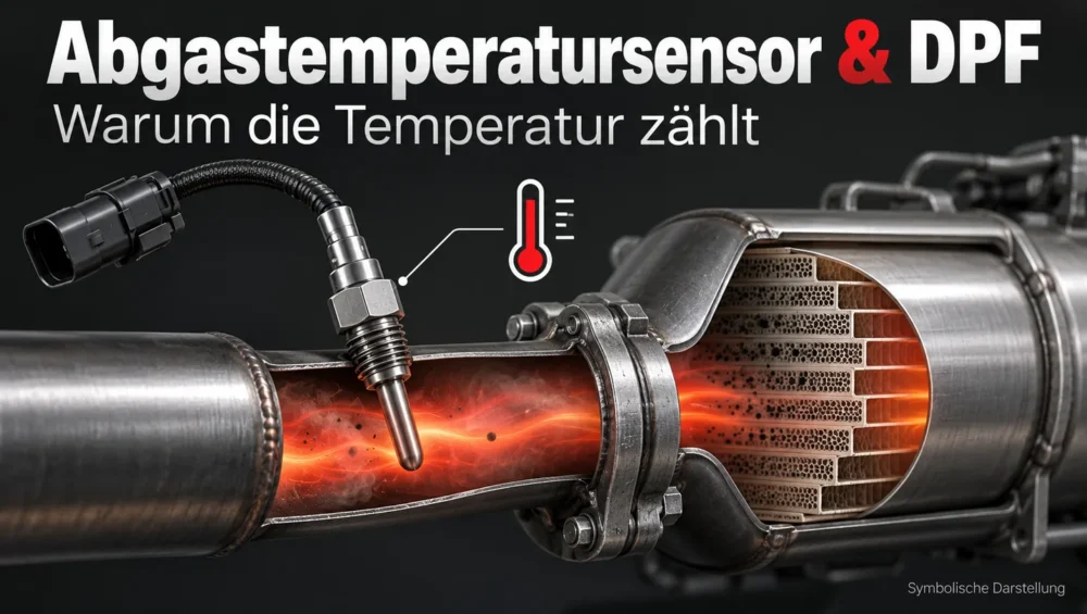 Symbolische Darstellung: Abgastemperatursensor vor einem Dieselpartikelfilter zur Temperaturüberwachung.