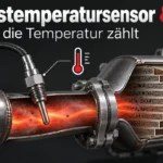 Symbolische Darstellung: Abgastemperatursensor vor einem Dieselpartikelfilter zur Temperaturüberwachung.