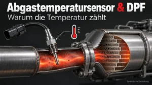 Symbolische Darstellung: Abgastemperatursensor vor einem Dieselpartikelfilter zur Temperaturüberwachung.