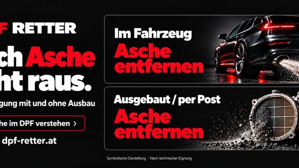 Symbolische Darstellung der DPF-Aschereinigung im Fahrzeug und am ausgebauten Filter