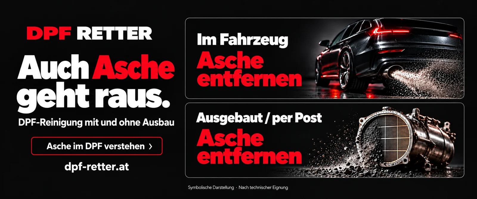Symbolische Darstellung der DPF-Aschereinigung im Fahrzeug und am ausgebauten Filter