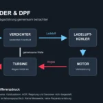 Vereinfachtes Funktionsschema: Verdichter und Turbine auf gemeinsamer Welle, Motor und nachgeschalteter DPF