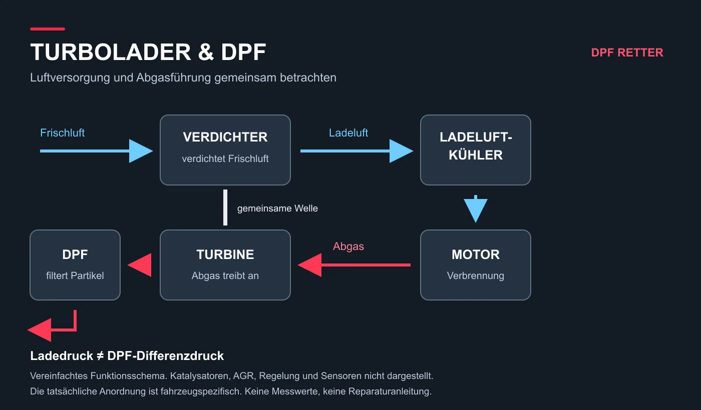 Vereinfachtes Funktionsschema: Verdichter, Ladeluftkühler, Motor, Turbine und nachgeschalteter DPF